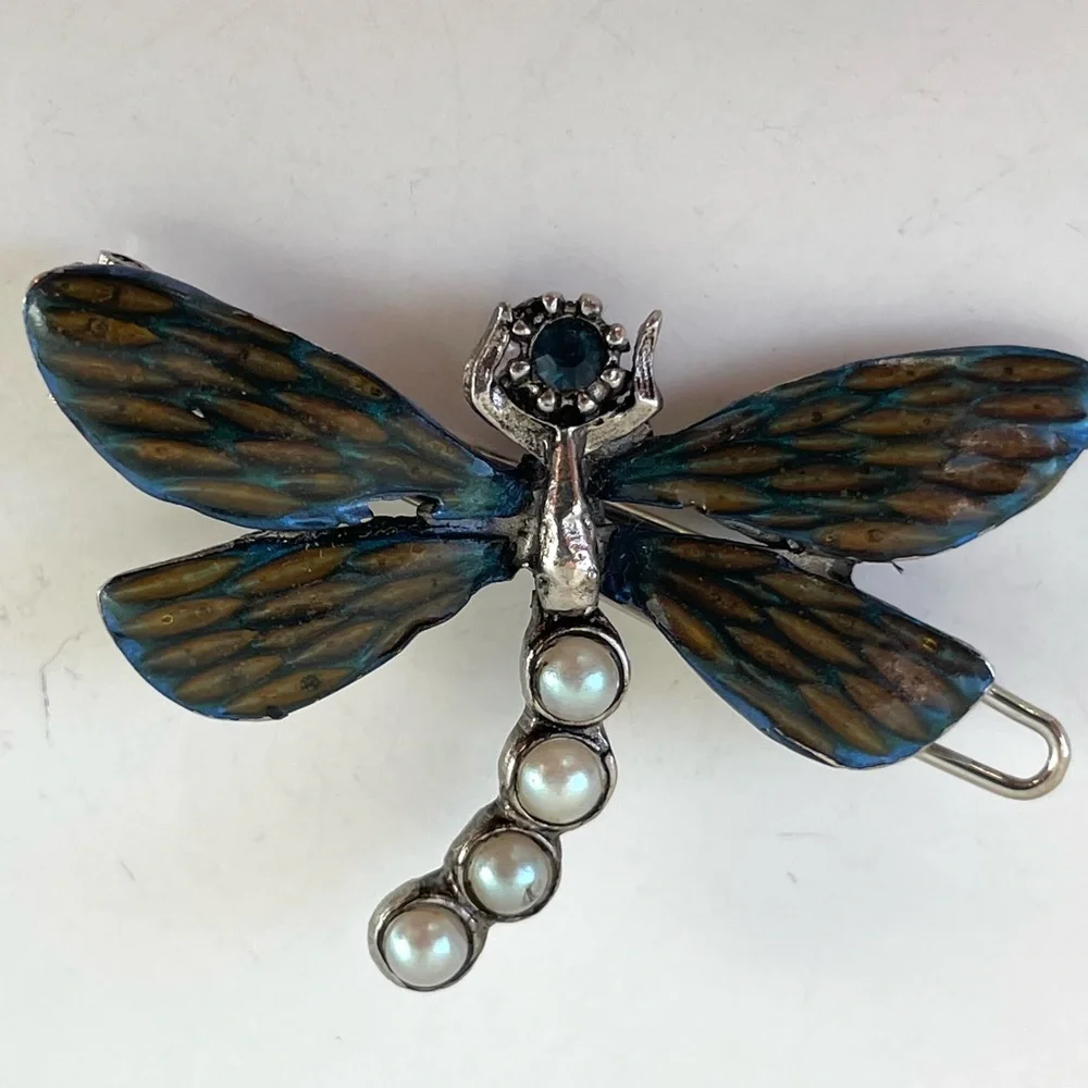 Vintage Gerard Yosca Enamel Dragonfly with Faux Pearls and Faceted Stone Hairpin